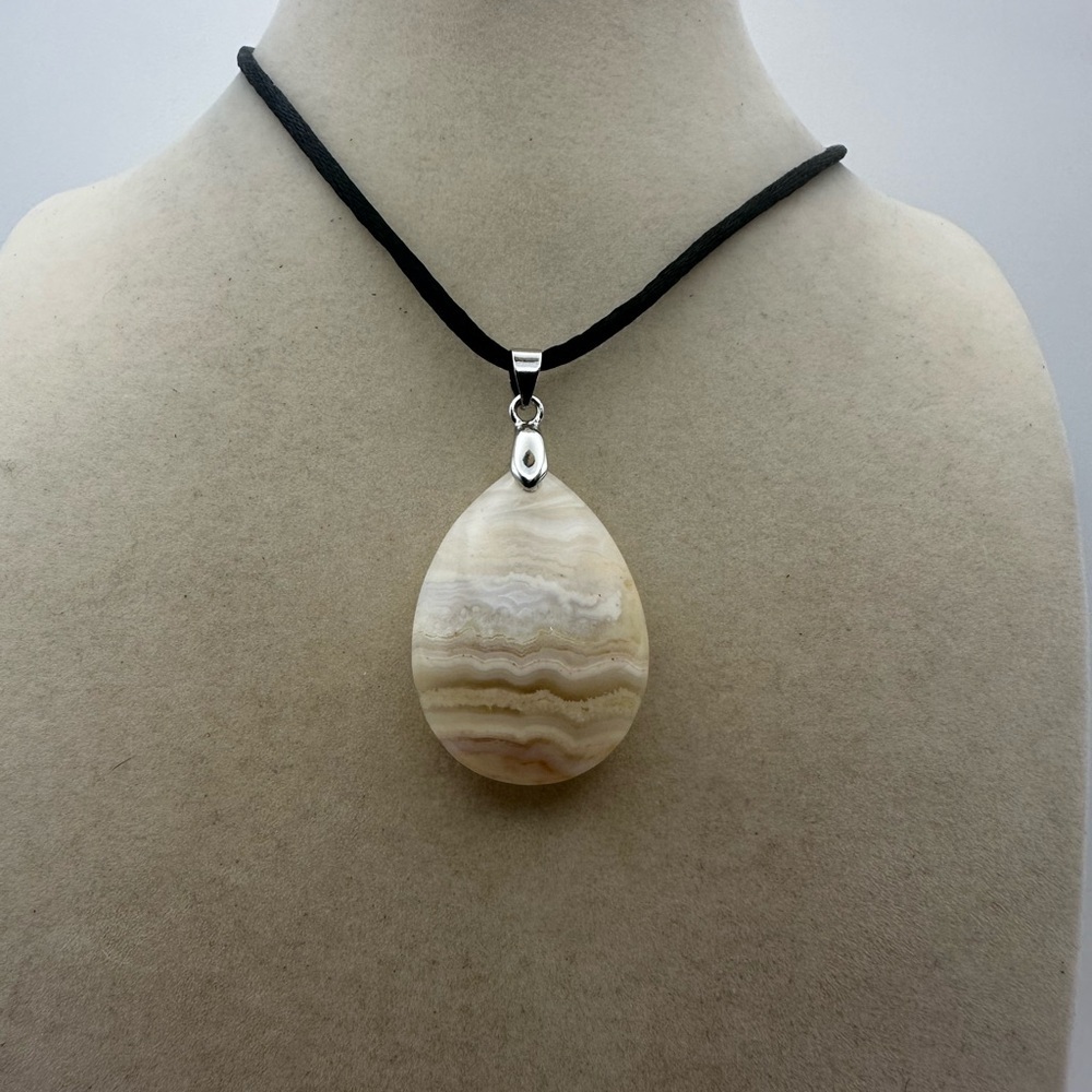 Banded Agate Teardrop Pendant Necklace on Black Satin Cord - Picture 4 of 7